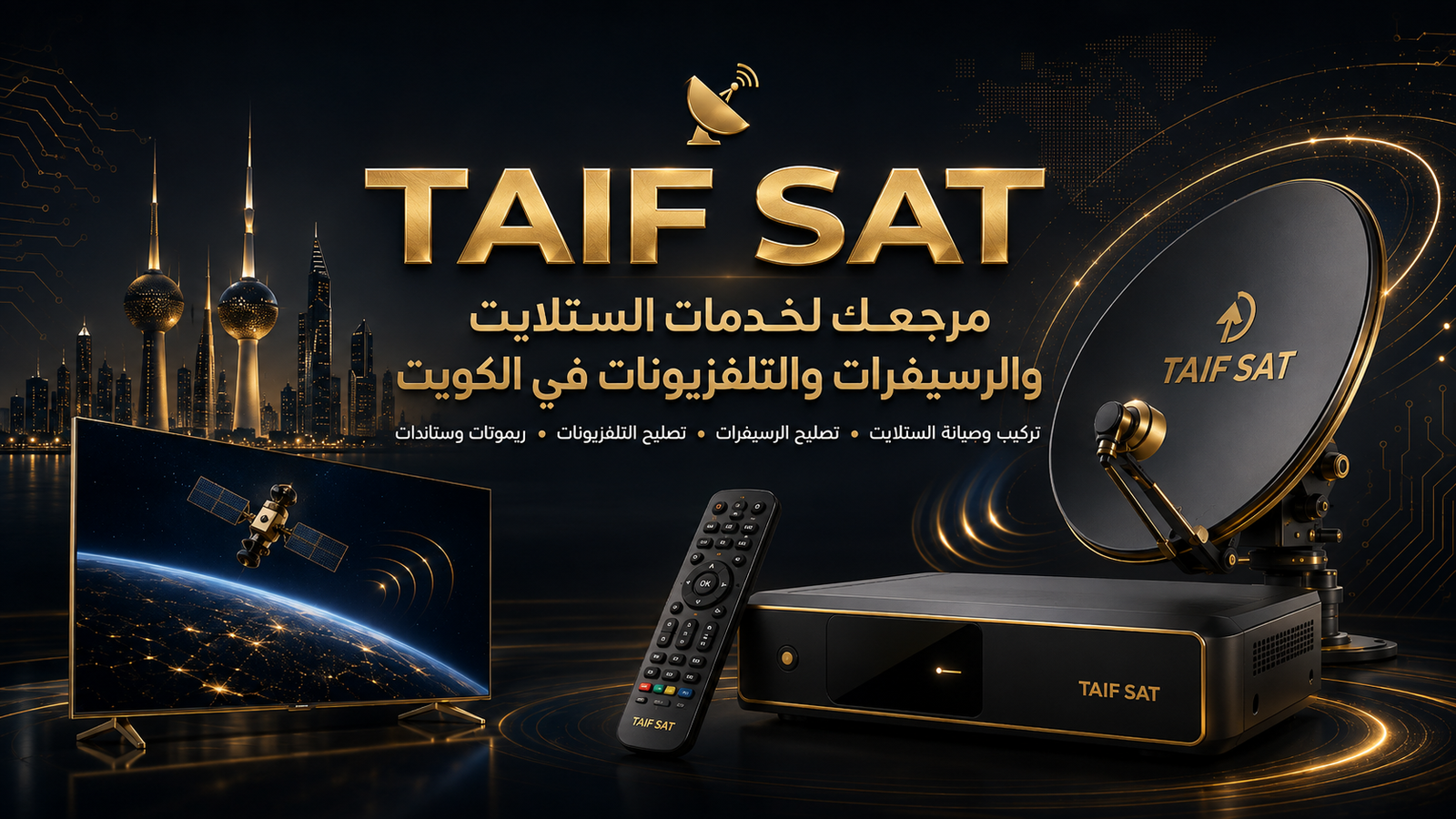 صورة توضيحية لخدمات TAIF SAT في تركيب أطباق الستلايت وضبط الإشارة بالكويت