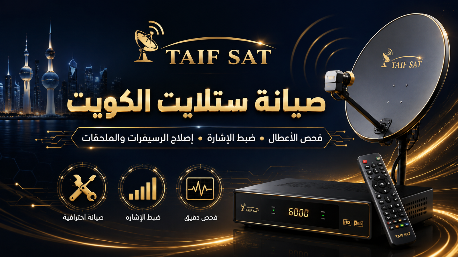 فني TAIF SAT يفحص طبق الستلايت وجودة الإشارة في الكويت