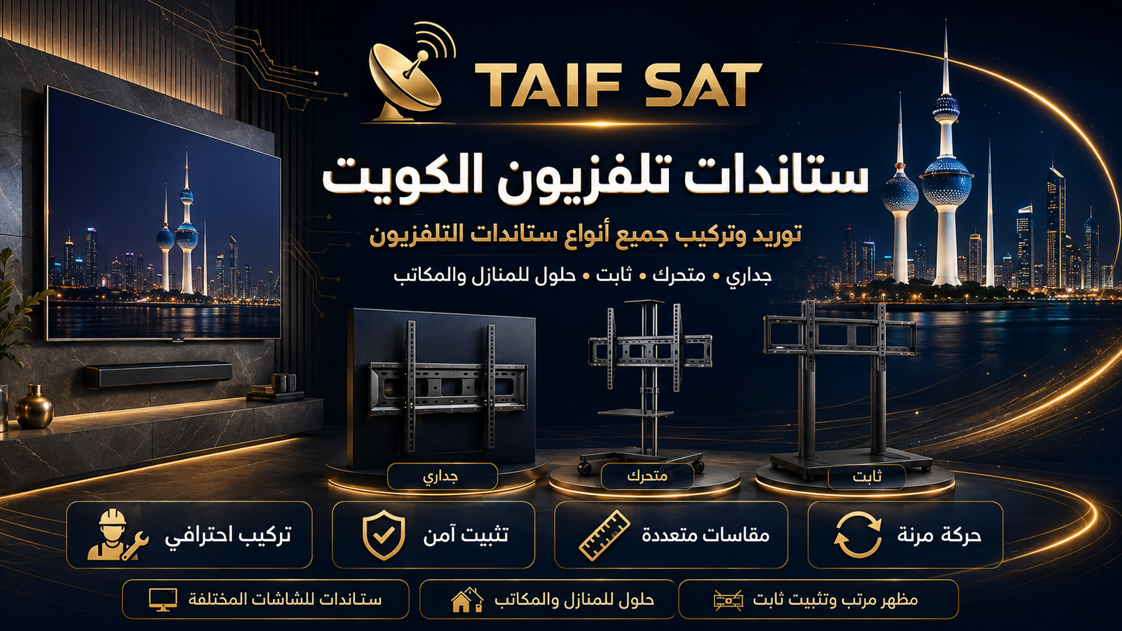 ستاند تلفزيون الكويت وتركيب حامل شاشة جداري ومتحرك - TAIF SAT
