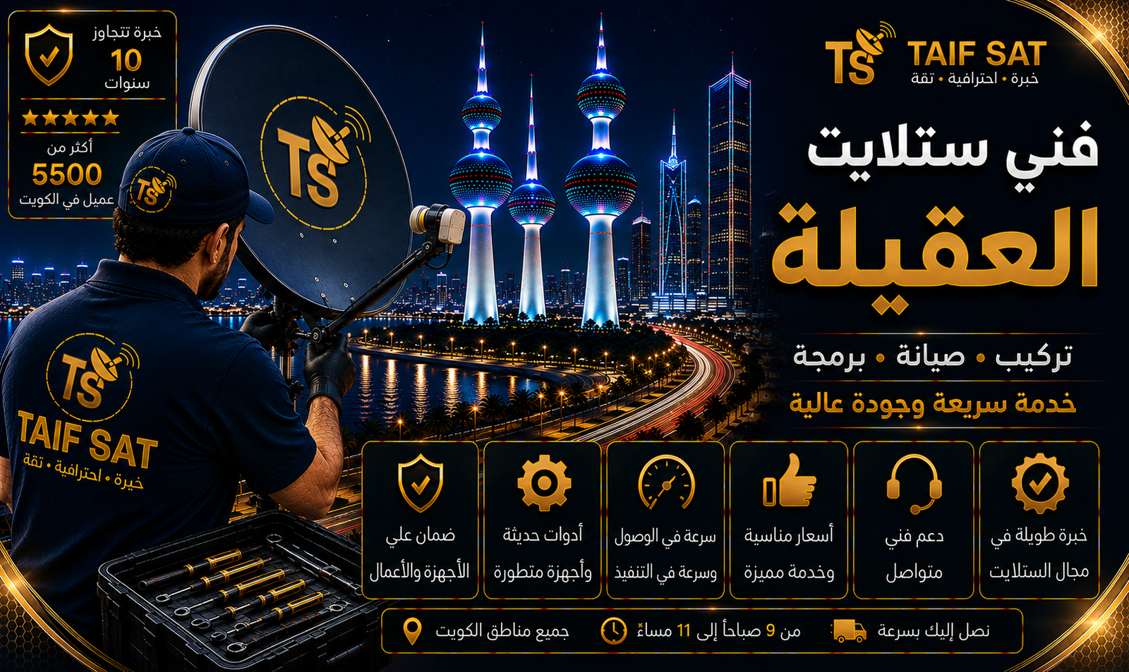 فني ستلايت العقيلة من TAIF SAT يفحص قاعدة الطبق وعزل السطح قبل التركيب