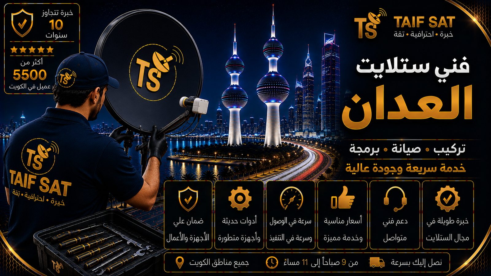 فني ستلايت العدان من TAIF SAT يفحص اختفاء القنوات الأفقية أو العمودية وقياسات نظام الاستقبال